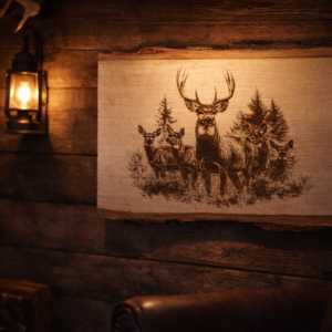 rustic live edge wood engraving – deer family wildlife wall art – handmade nature decor