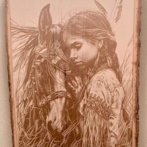 native girl with horse wood engraving