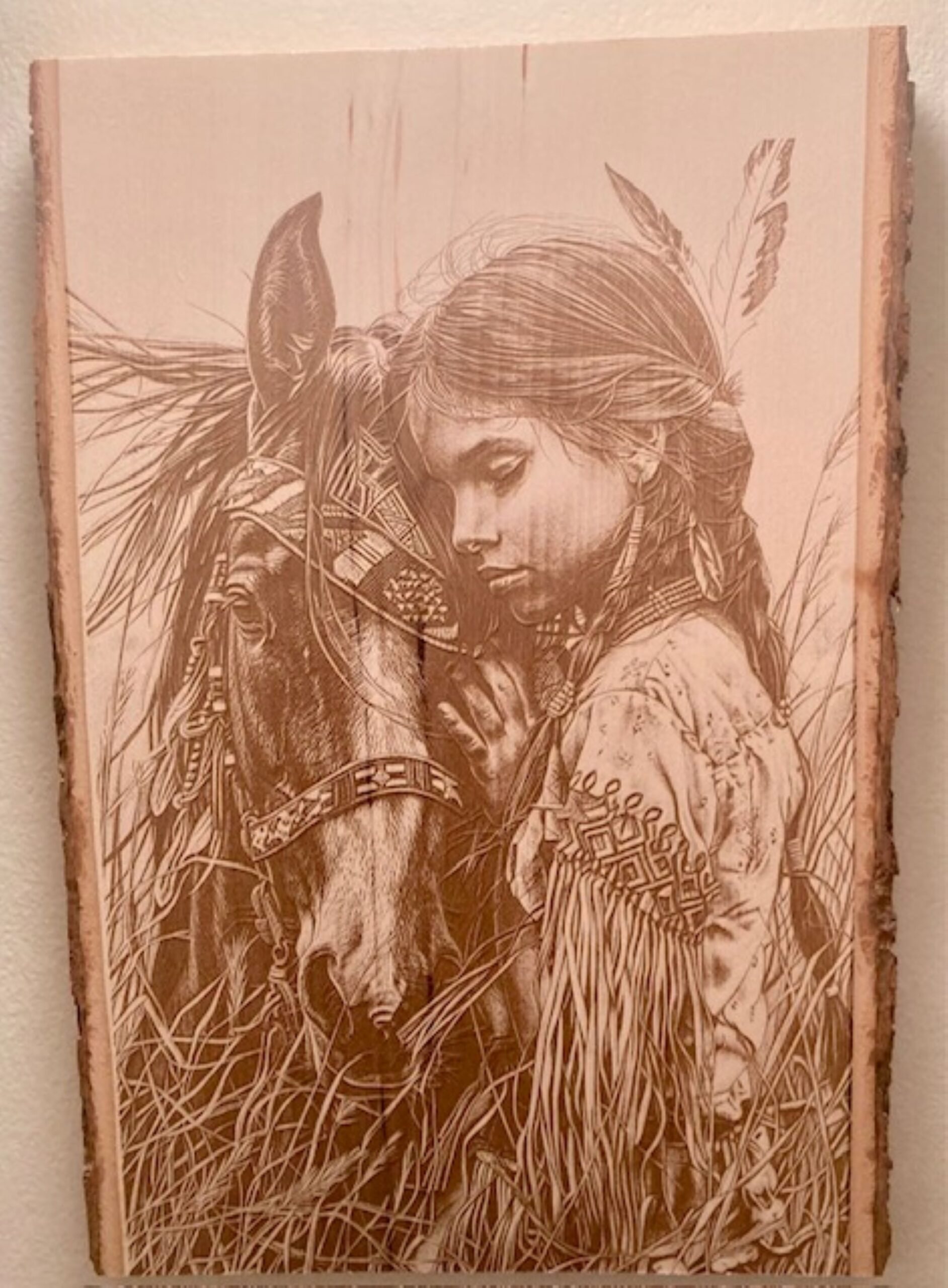 native girl with horse wood engraving native girl with horse wood engraving