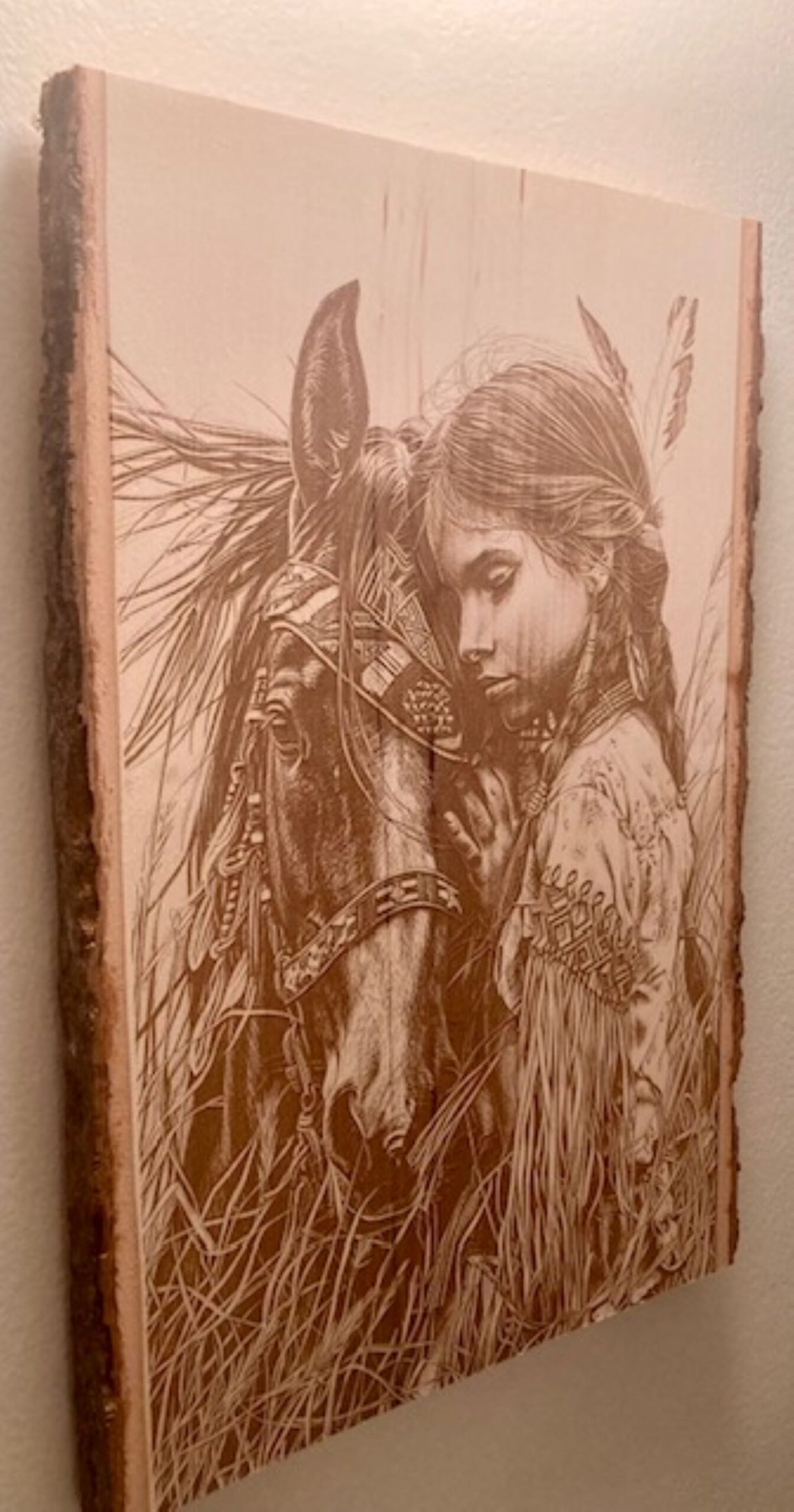 native girl with horse wood engraving native girl with horse wood engraving