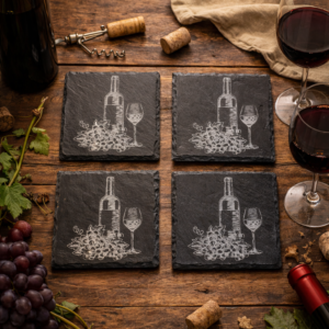 wine bottle & grapes slate coaster set