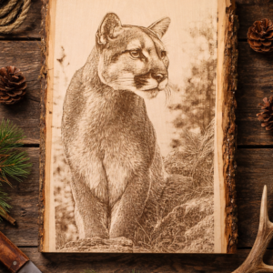 mountain lion wood plank – rustic wildlife décor, laser engraved cougar wall art