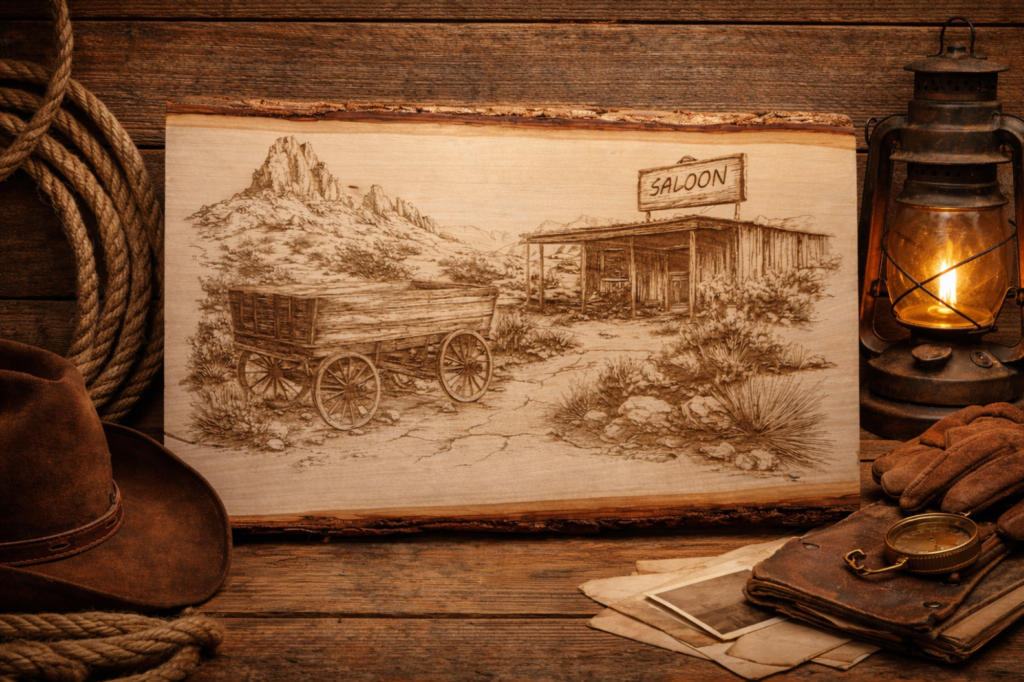 old west saloon scene wood plank – rustic western décor, laser engraved frontier wall art