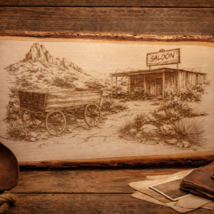 old west saloon scene wood plank – rustic western décor, laser engraved frontier wall art